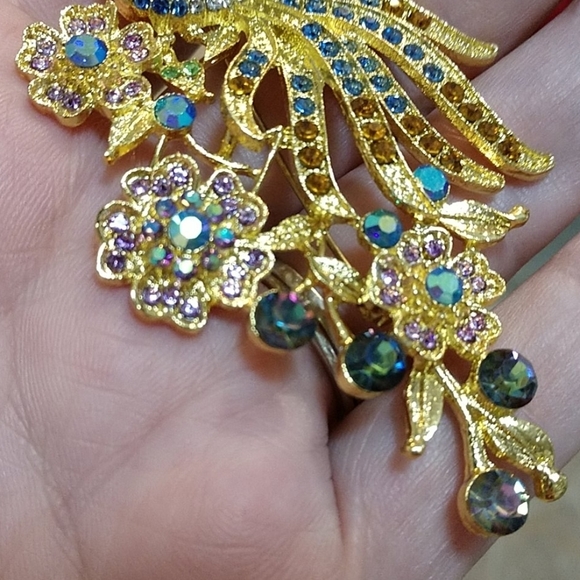 Peacock Brooch Pin and Pendant 1/4" Bale Large Colorful Rhinestones Bling - Picture 4 of 15